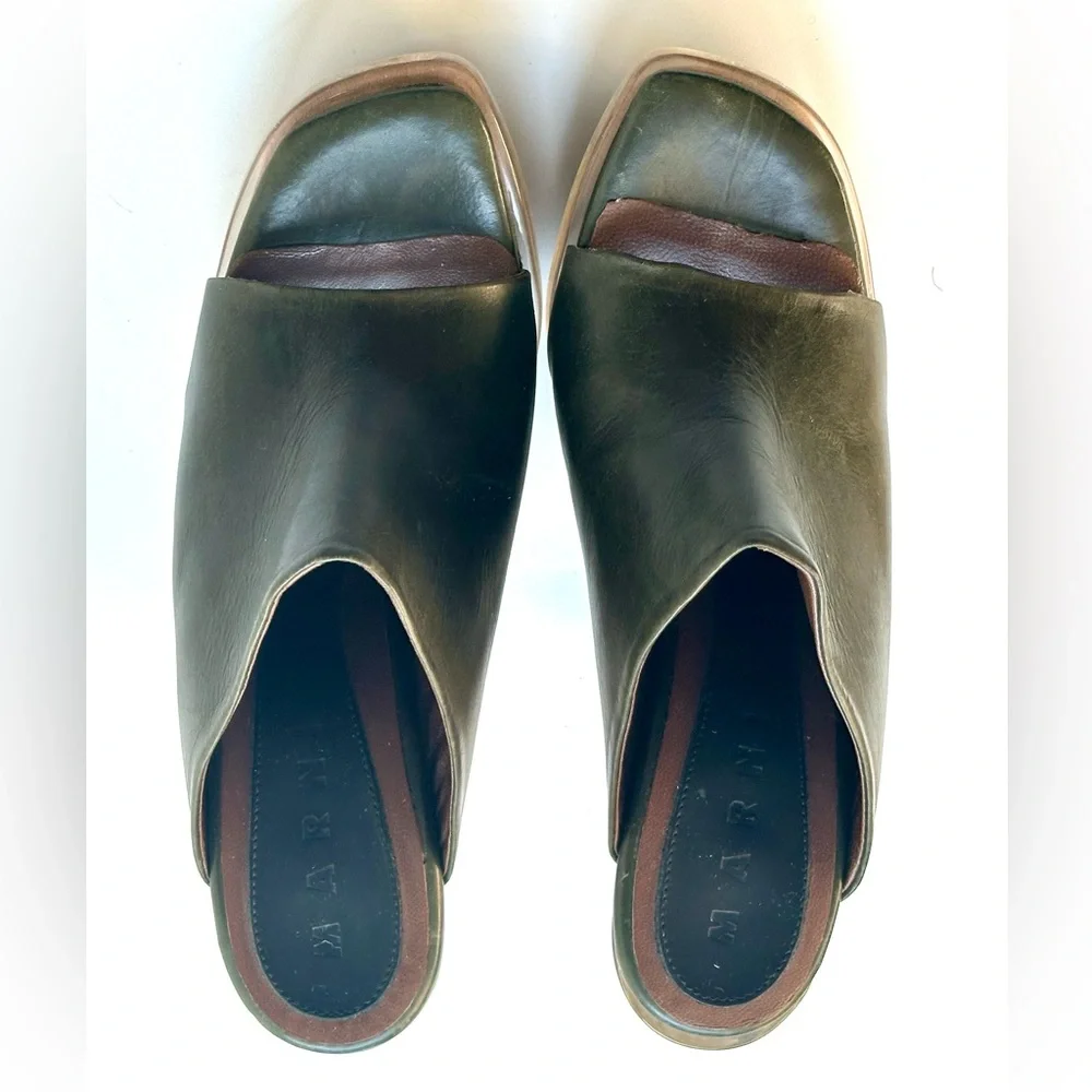 Marni Olive Green Leather with Clear plastic & Wood Platform, size 39, US 8